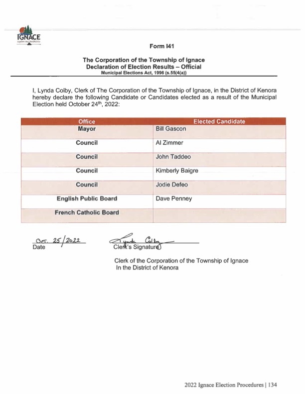 Ignace Municipal Official Election Results 2022