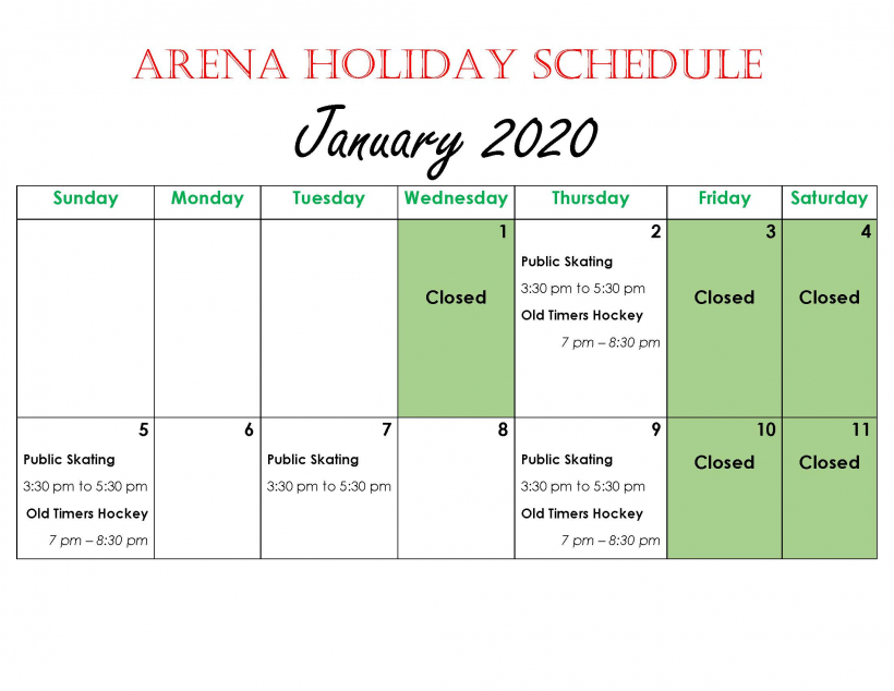 Arena Holiday Schedule- January 2020