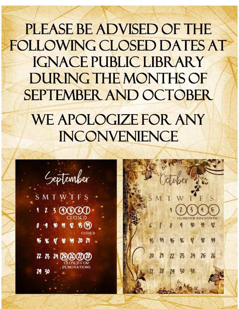 Library Closure Notice for September and October, 2019